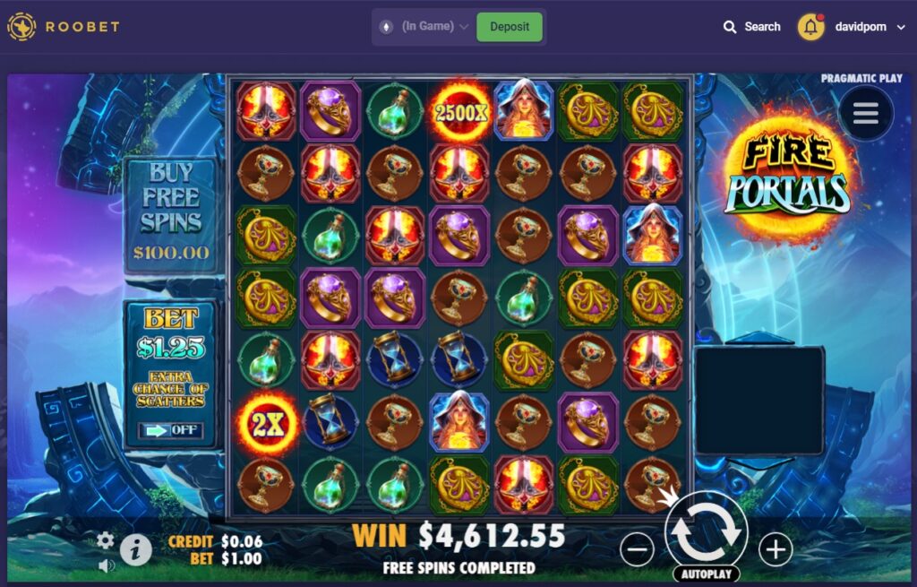 Epic Win on Fire Portals Slot Machine by Pragmatic Play at Roobet Casino